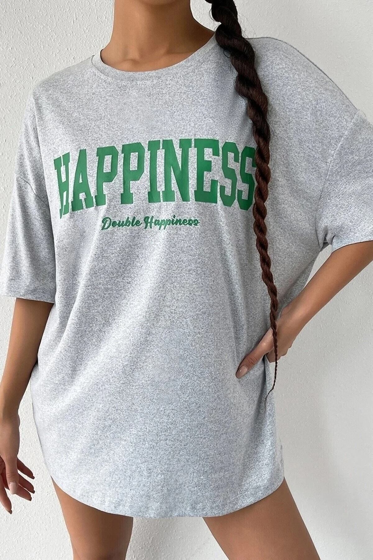 Hunors Sportswear & Company Happıness Baskılı Kadın / Kız Oversize Salas T-shirt Boyfirend