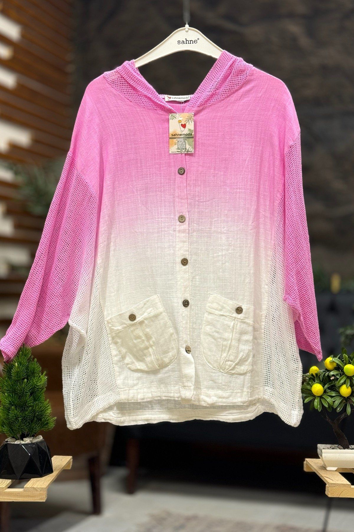 sahnemoda Batik Desen Kapşoınlu File Garnili Ceket