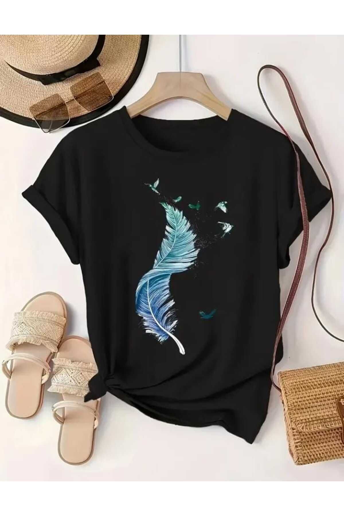 TekTarzz Unisex Kuş Tüyü ve Martı Baskı Tasarımlı Trend Tshirt