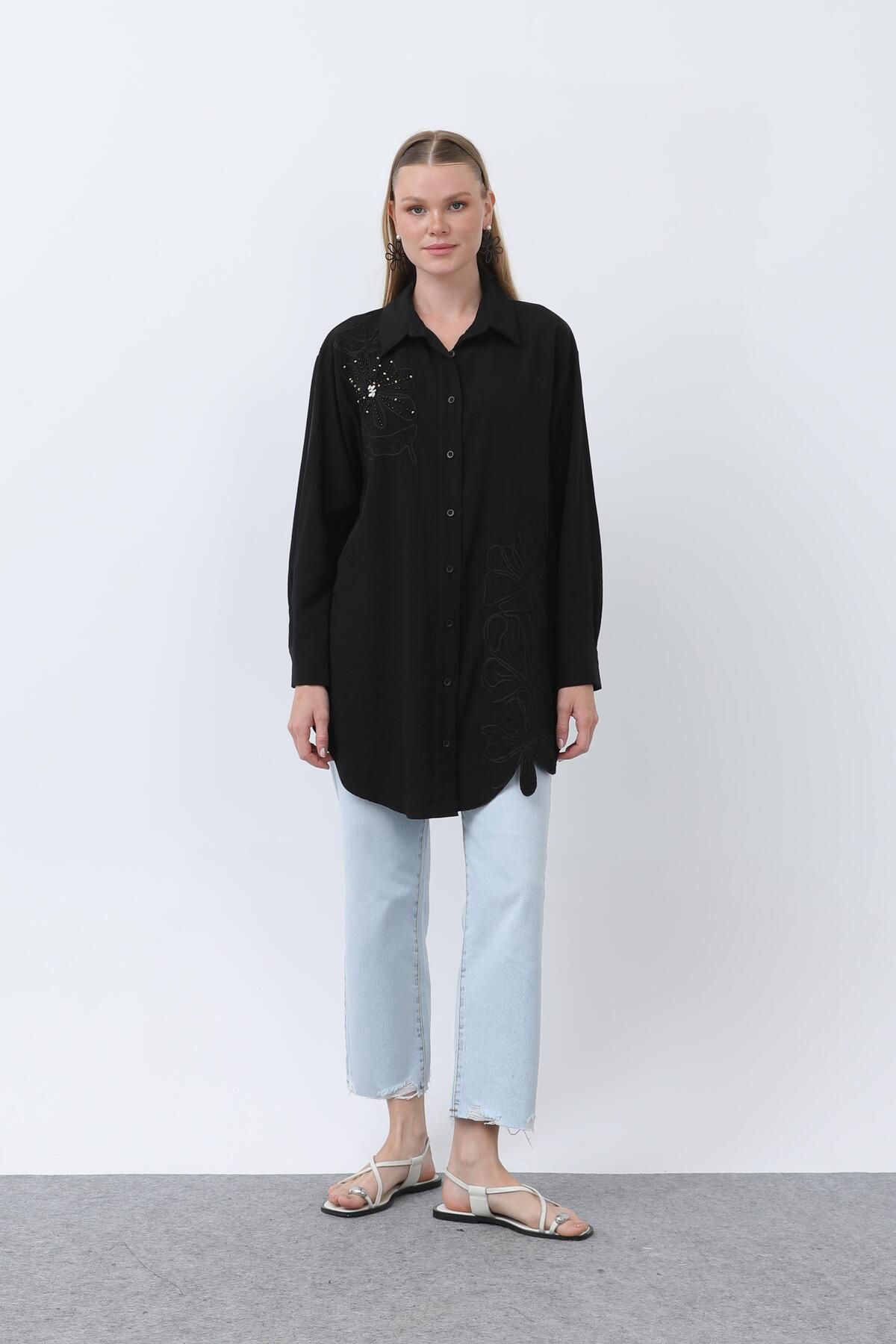 Puane Kadın Önü Nakış Ve İşleme Detaylı Gömlek - 10664GML - BLACK