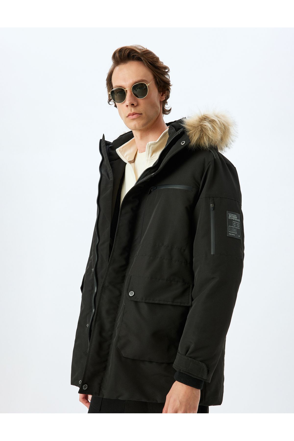 Koton Anorak Mont Suni Kürk Detaylı Kapşonlu Slim Fit Fermuarlı
