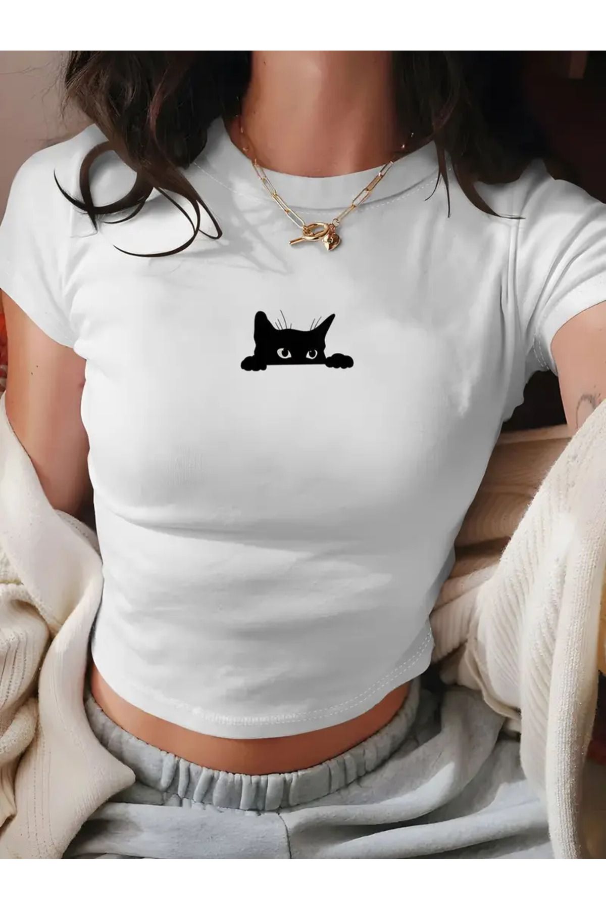 JANSO GROUP -KADIN CROP TSHIRT BASKILI PAMUKLU 0050