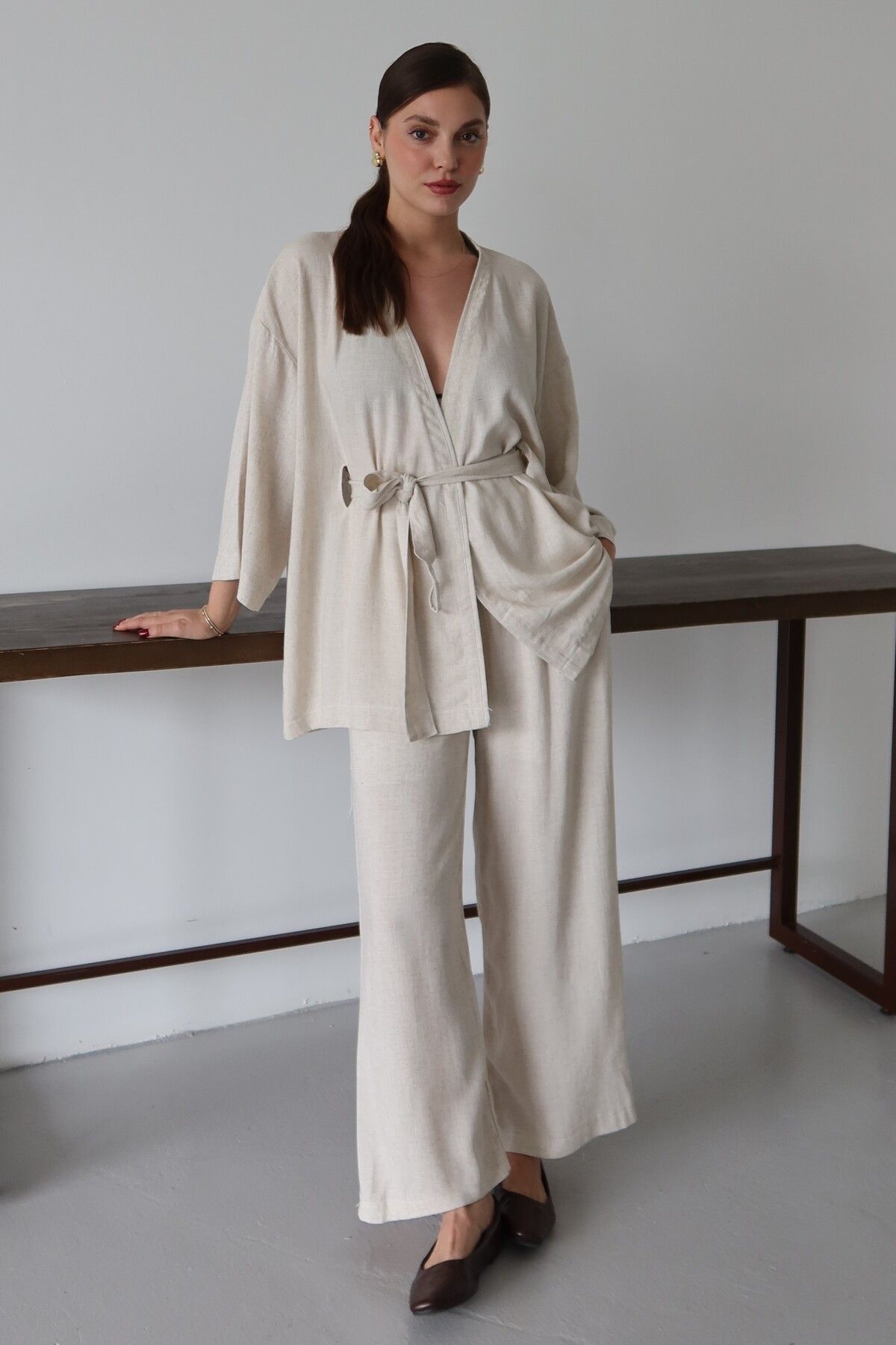 Laluvia Natural Gizli Kemer Detaylı Kimono Takım - 8723