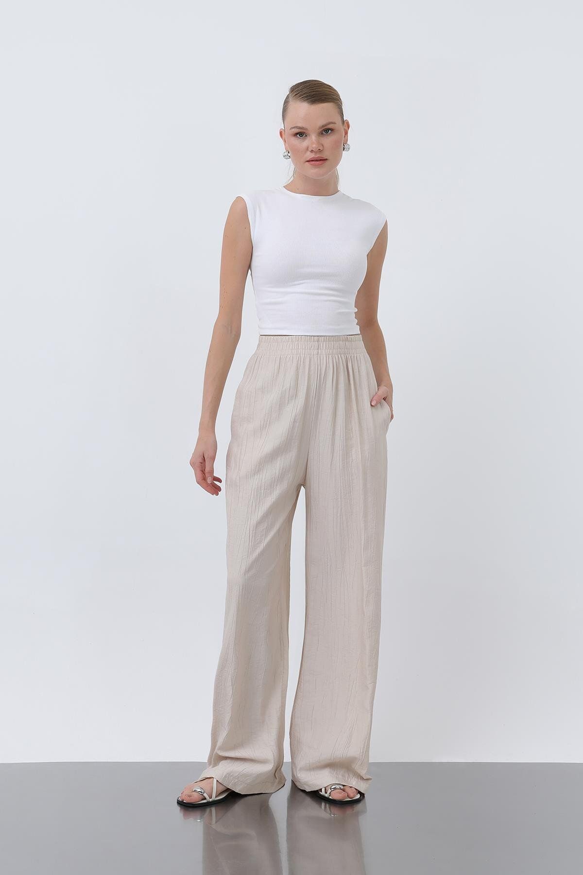 Puane Kadın Beli Lastikli Bol Pantolon - 18239PNT - BEIGE