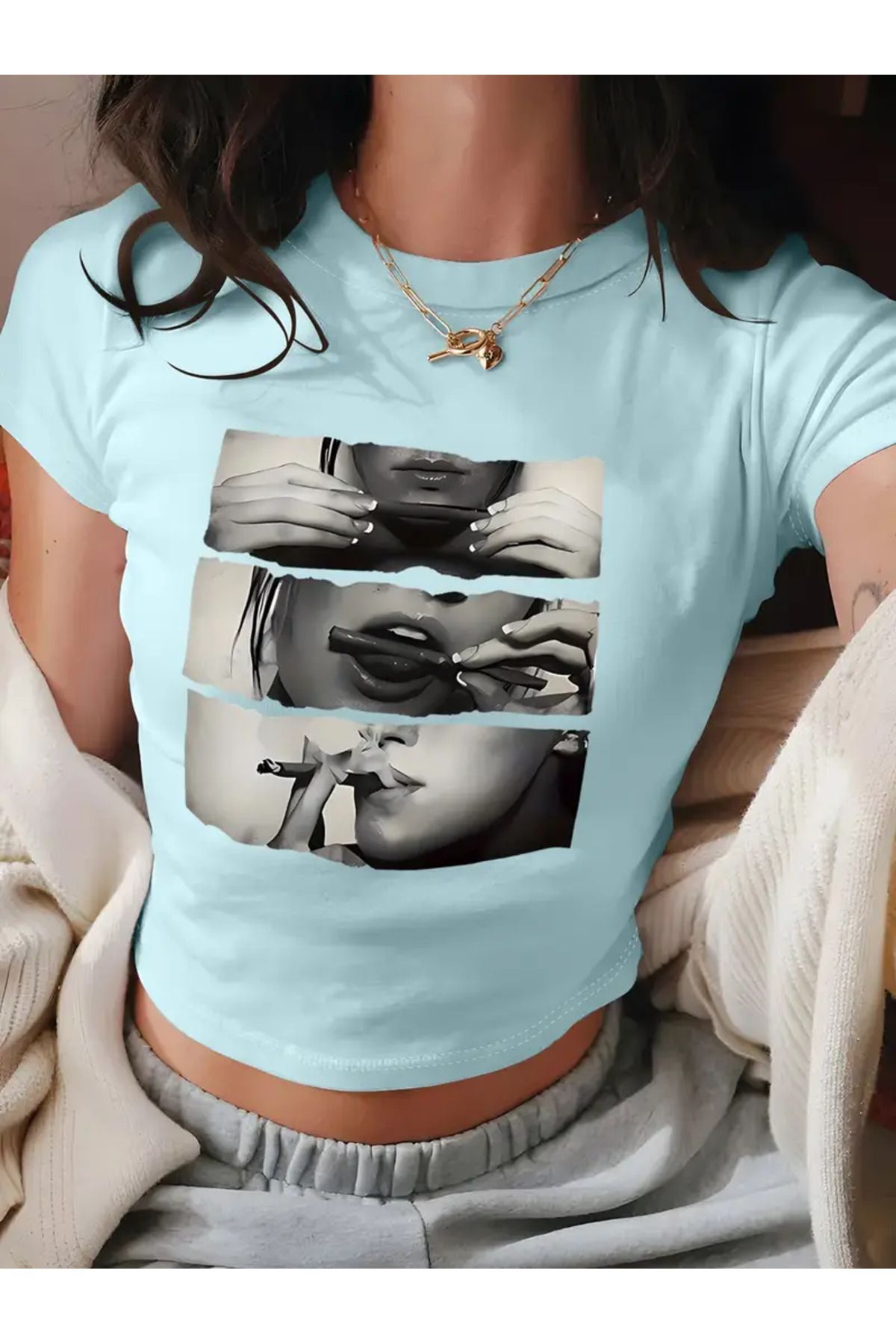 JANSO GROUP -KADIN CROP TSHIRT BASKILI PAMUKLU 002