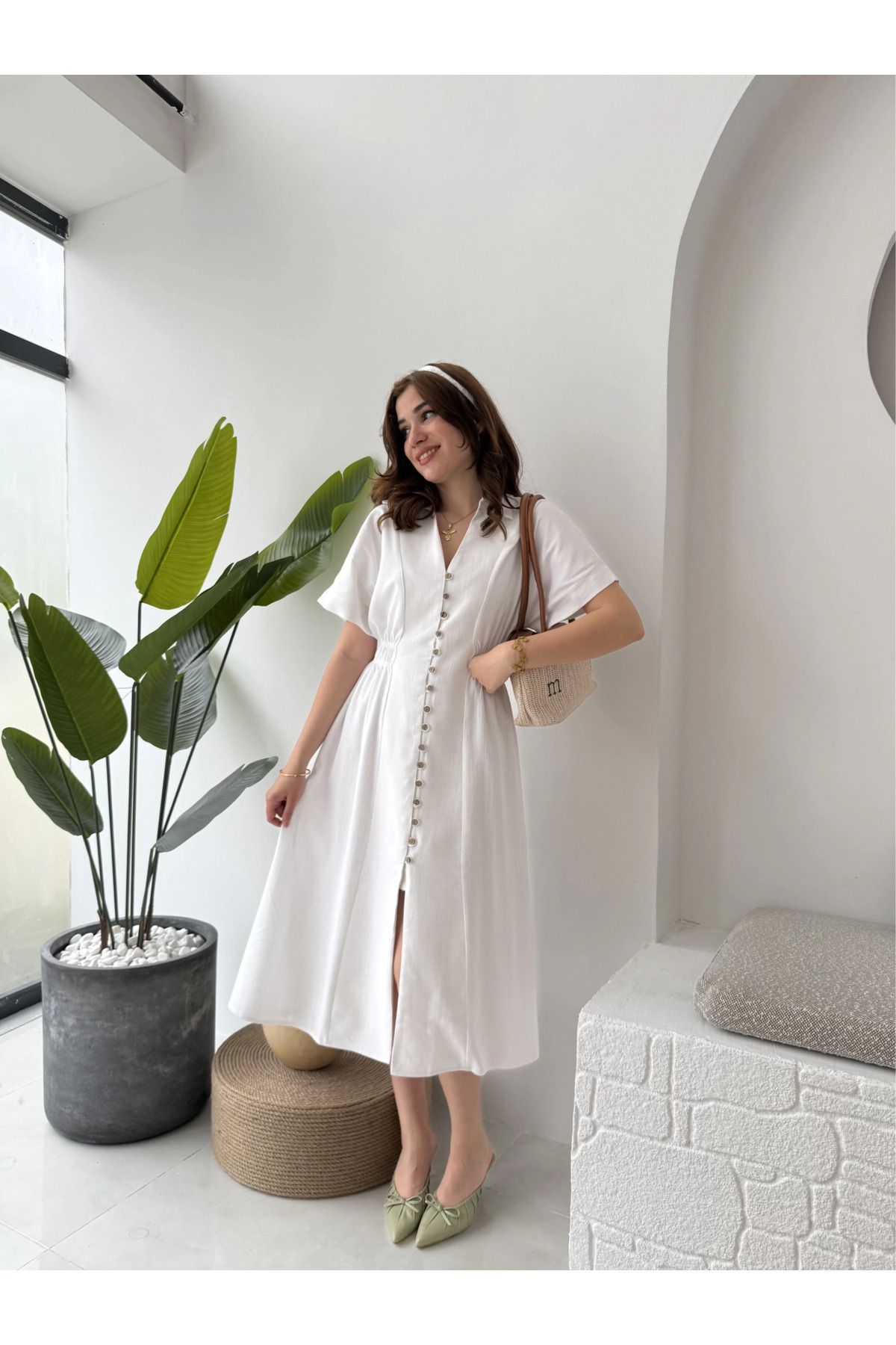 zeynepzelal %100 KETEN DÜĞMELİ V YAKA ELBİSE