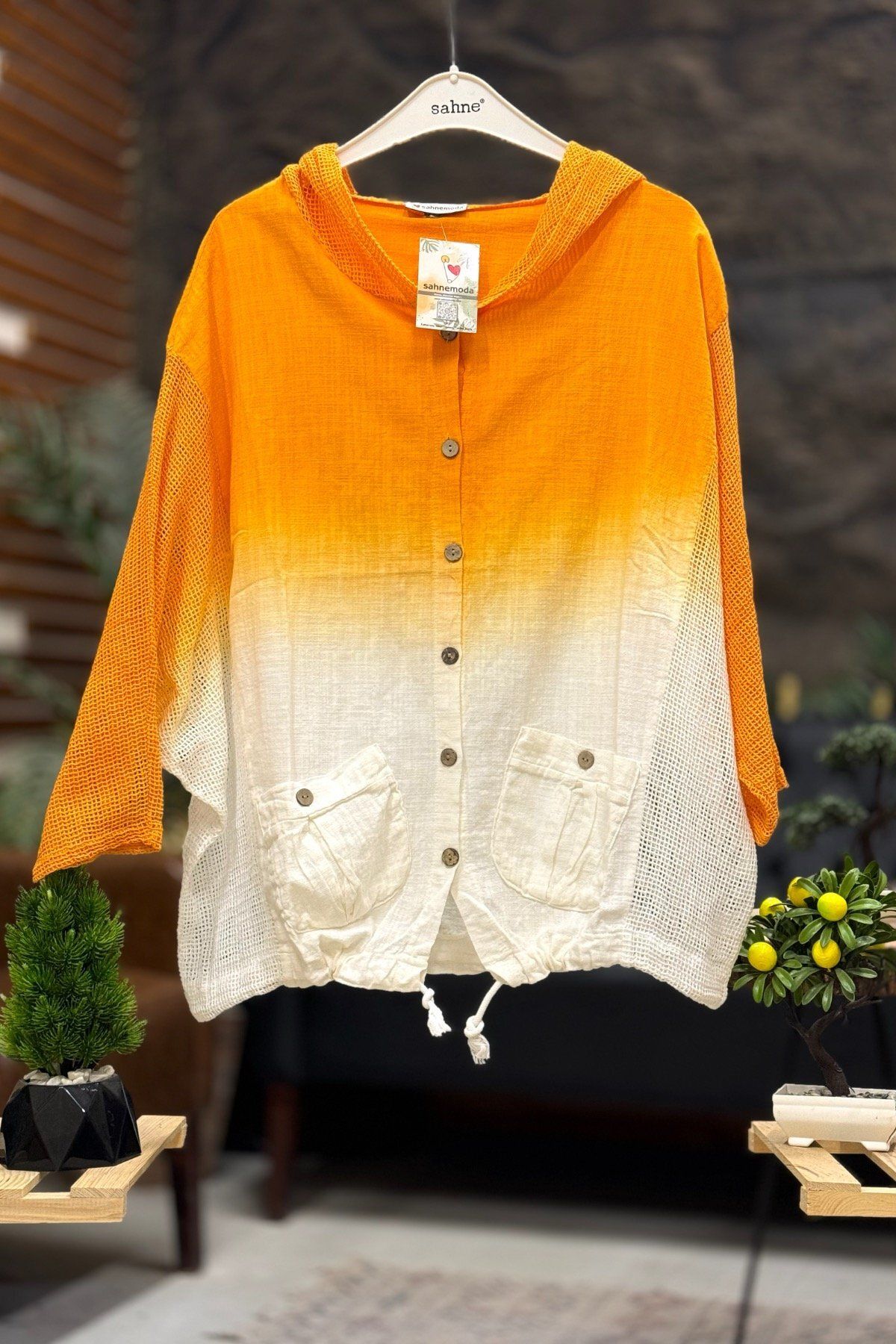 sahnemoda Batik Desen Kapşoınlu File Garnili Ceket