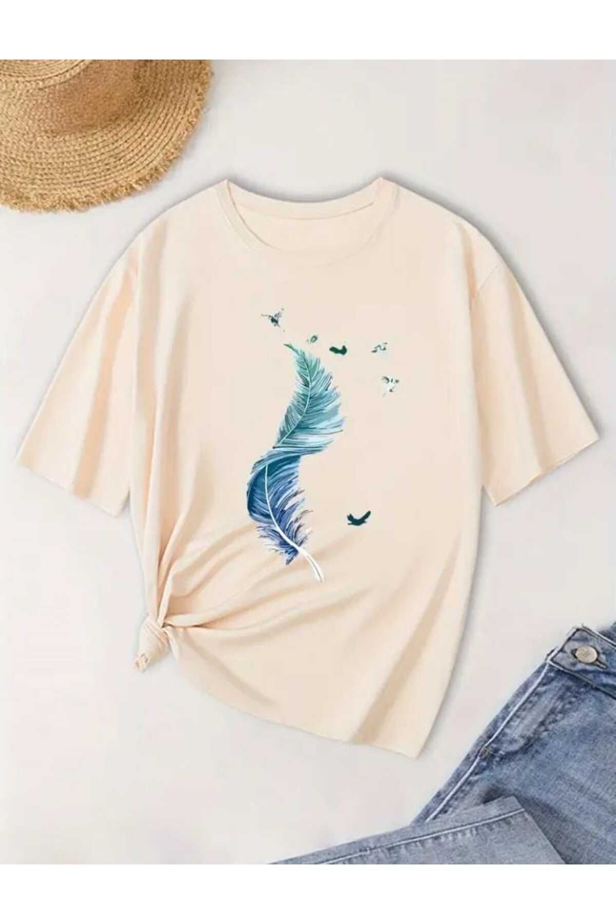 TekTarzz Unisex Kuş Tüyü ve Martı Baskı Tasarımlı Trend Tshirt