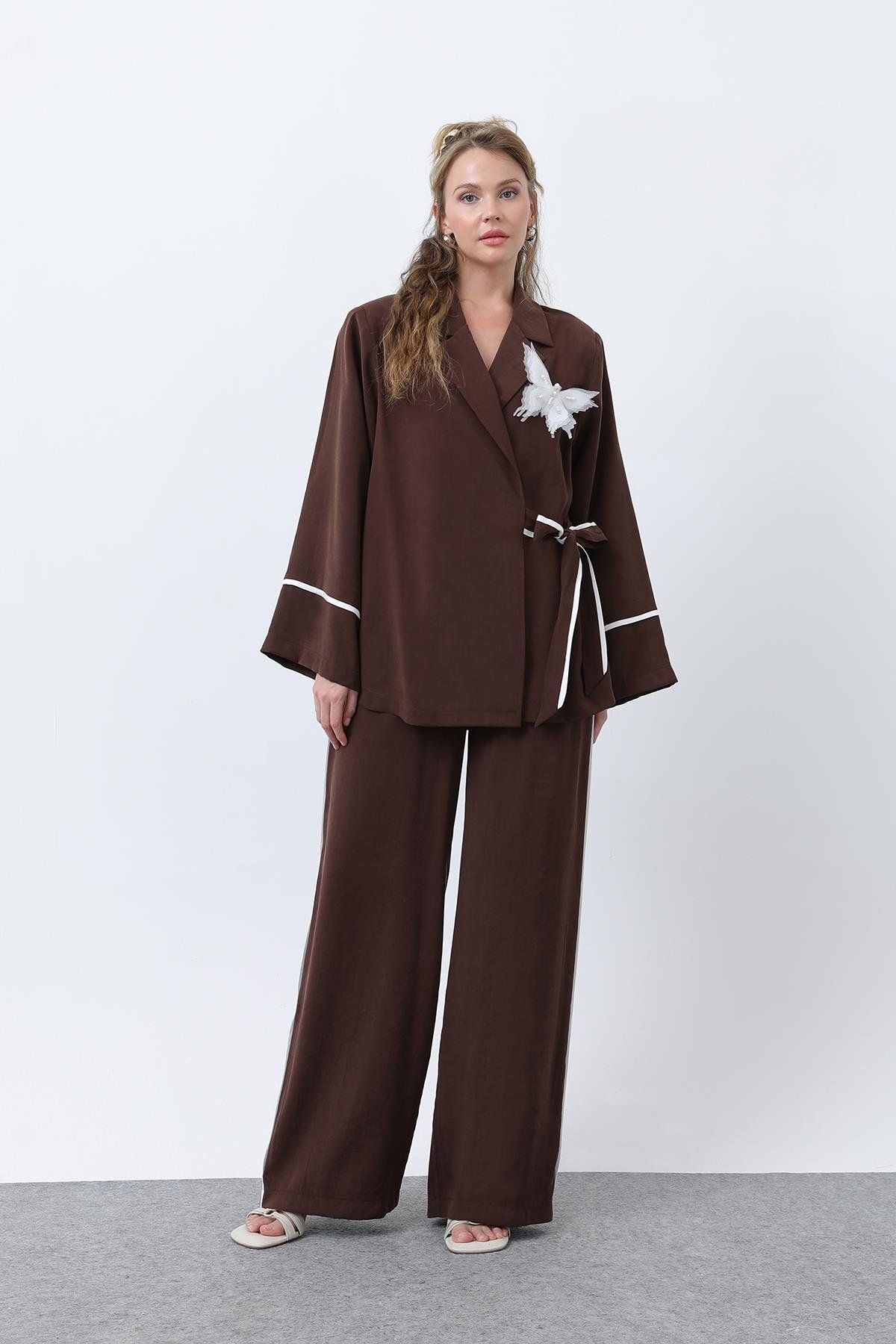 Soul Kadın Kelebekli Kimona Pantolon Takım -32229TKS - BROWN