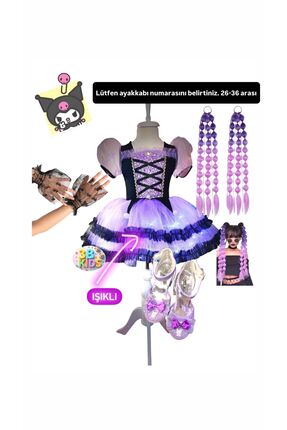 3b kids kuromi ışıklı elbise kostüm abiye bubble saç eldiven kuromi mor topuk...
