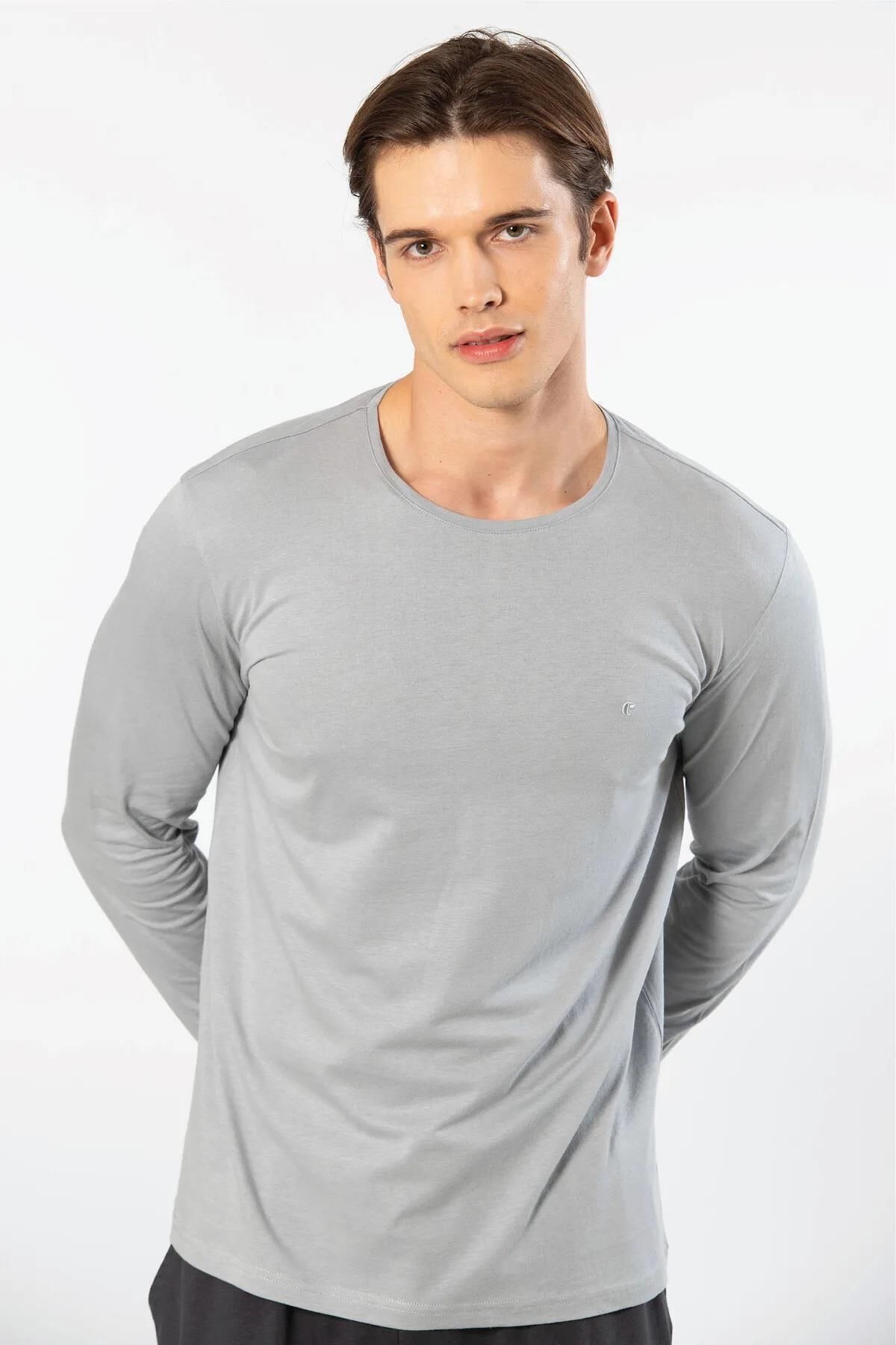 Cacharel Erkek %50 Modal, %50 Pamuk Bisiklet Yaka Uzunkol T-shirt