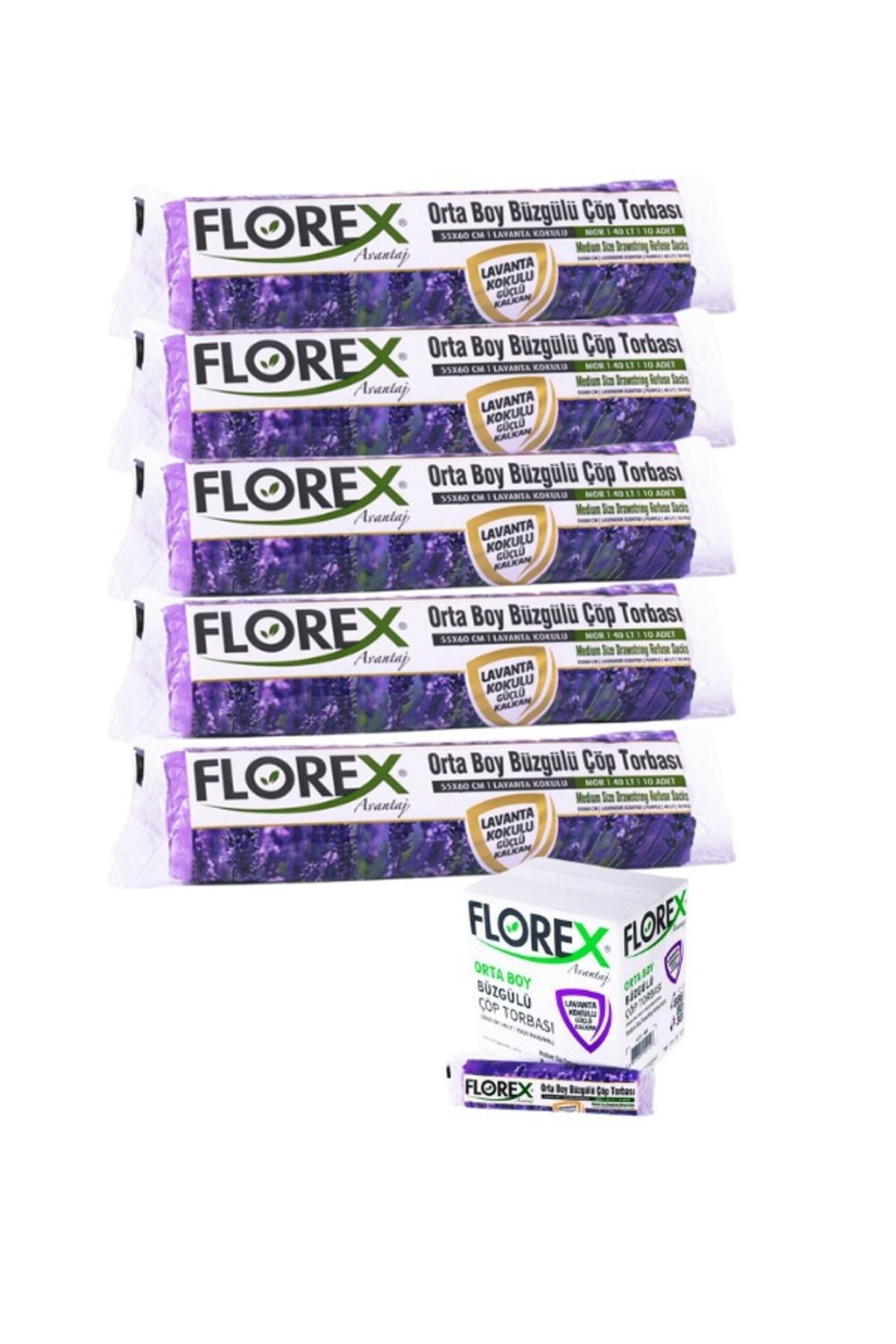 Florex Lavanta Kokulu Büzgülü 5'li Avantaj Orta Boy Çöp Torbası 55 x 60 cm 10 ADET / 130 gr