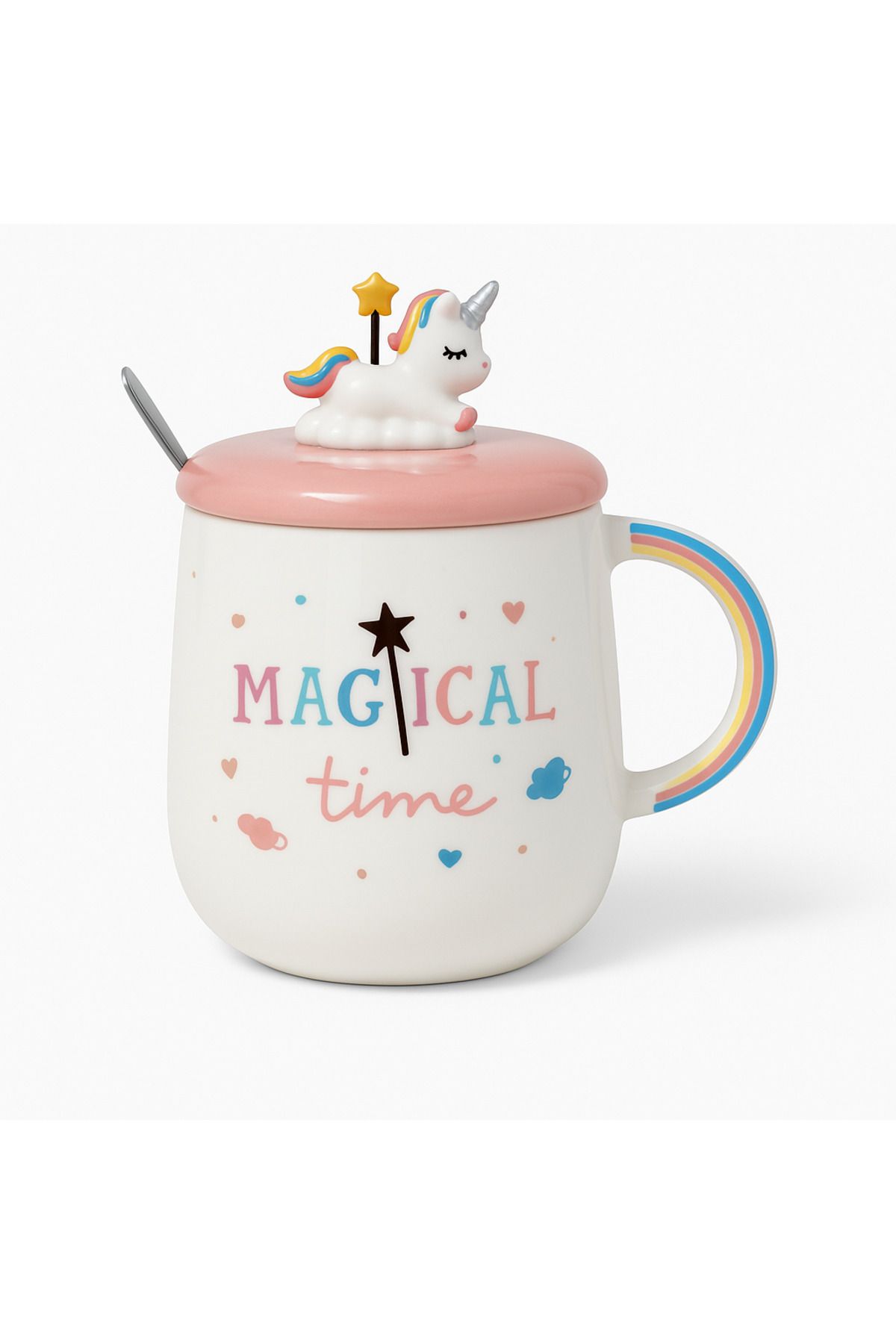 facnspt Unicorn Kapaklı Seramik Kupa Seti – “Magical Time” Yazılı (Kaşık Dahil)