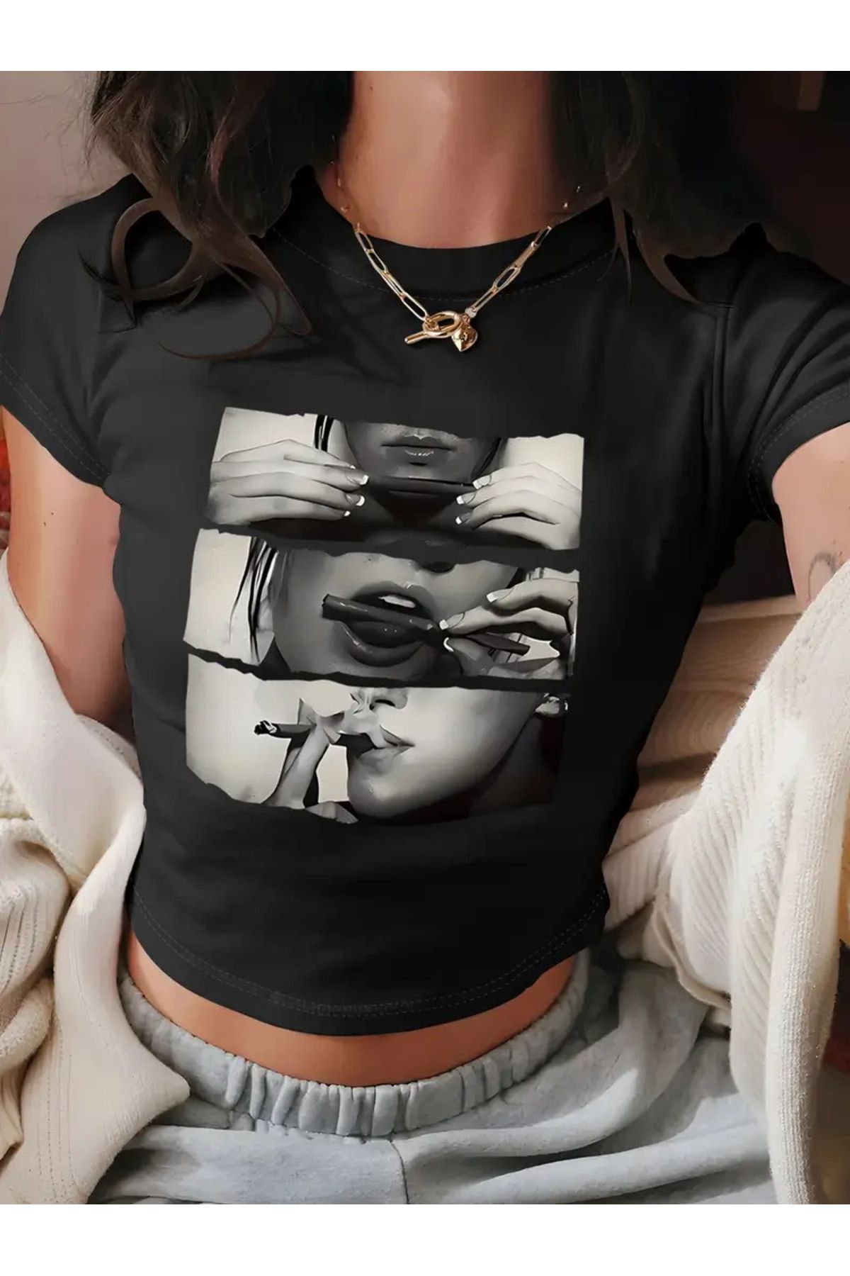 JANSO GROUP -KADIN CROP TSHIRT BASKILI PAMUKLU 002