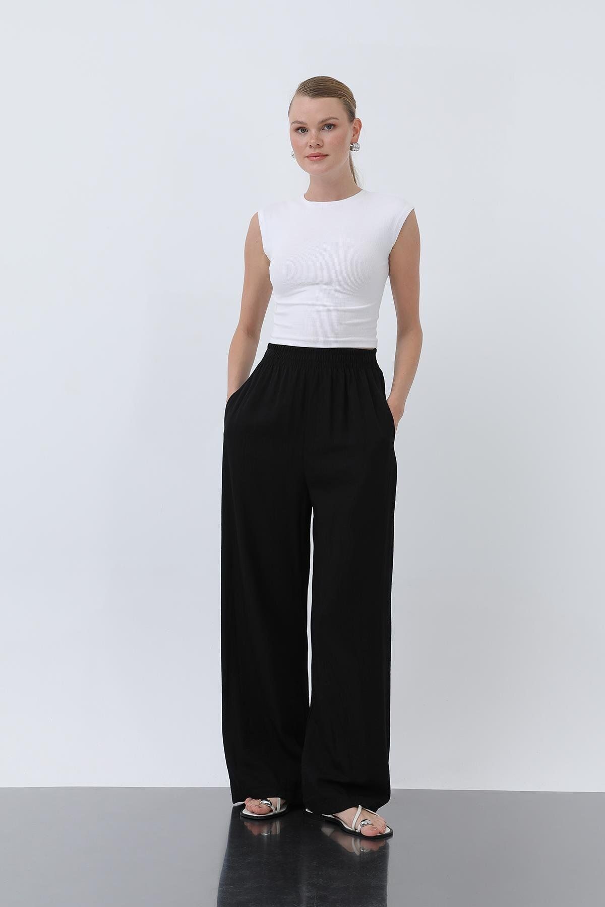 Puane Kadın Beli Lastikli Bol Pantolon - 18239PNT - BLACK