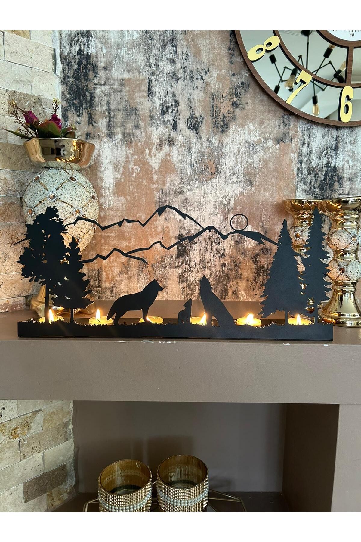 Alamer Decor Dağ Ve Kurtlar Temalı Dekoratif Metal Şamdan Mumluk