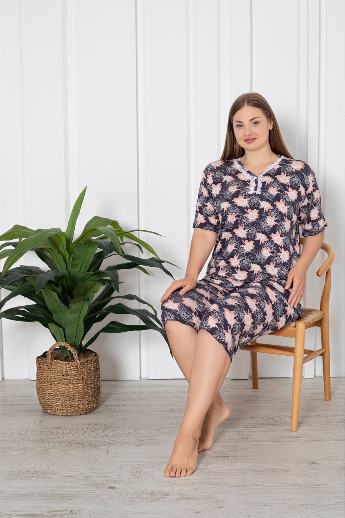 Asel Büyük Beden Likralı Penye Kapri Pijama Takım