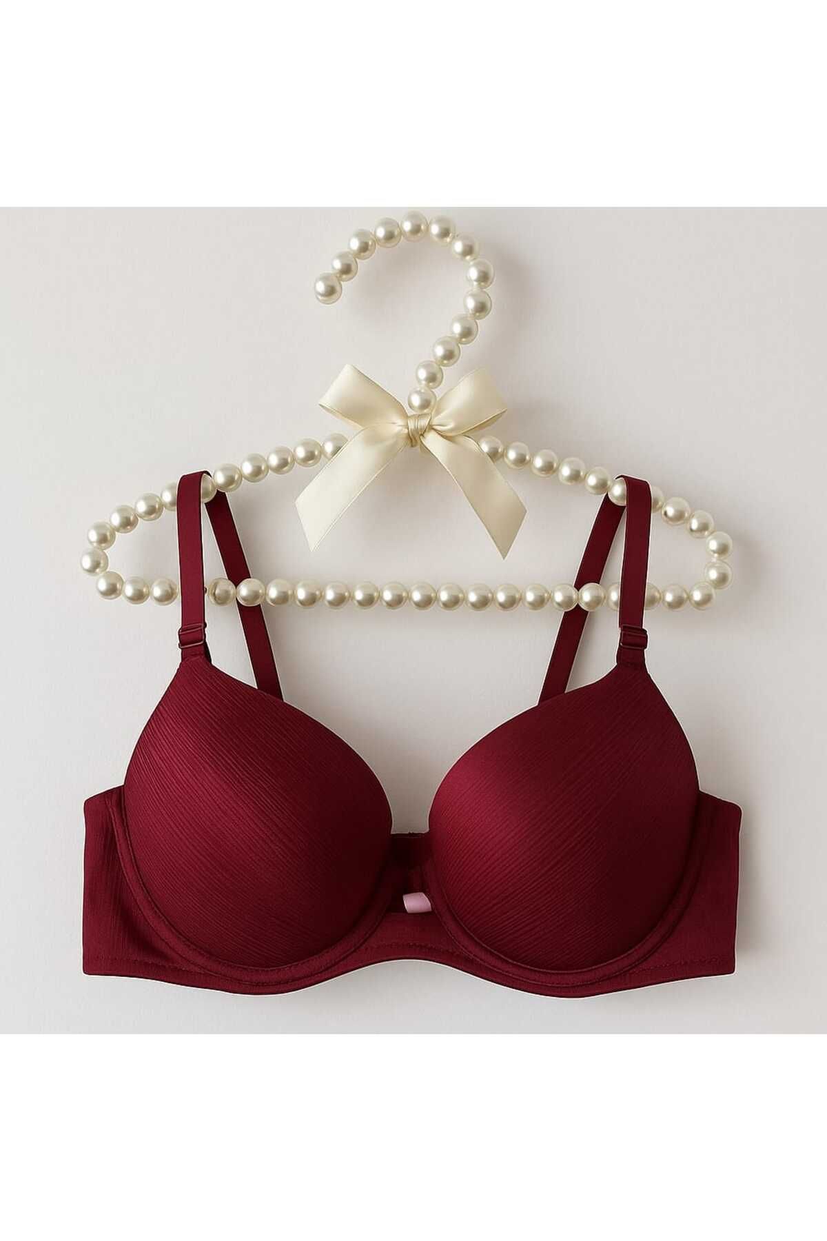 gigigiyim Çizgili Saten Işıltısı Koyu Bordo B Cup Push-Up Straplez Sütyen
