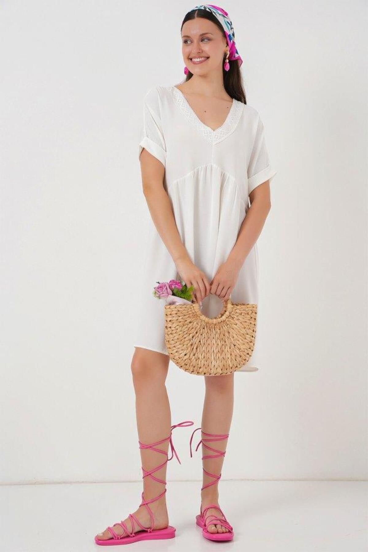 Aymood-V-Neck Short Sleeve Dress 2567 - White 3