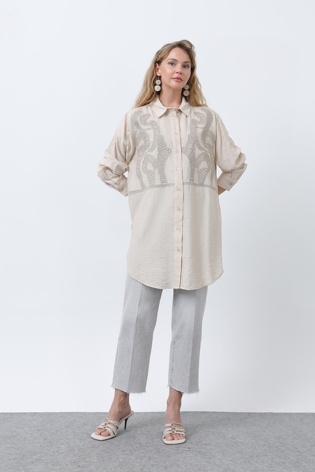 Puane Kadın Önü Nakışlı Düğme Detaylı Tunik - 10663TUN - BEIGE