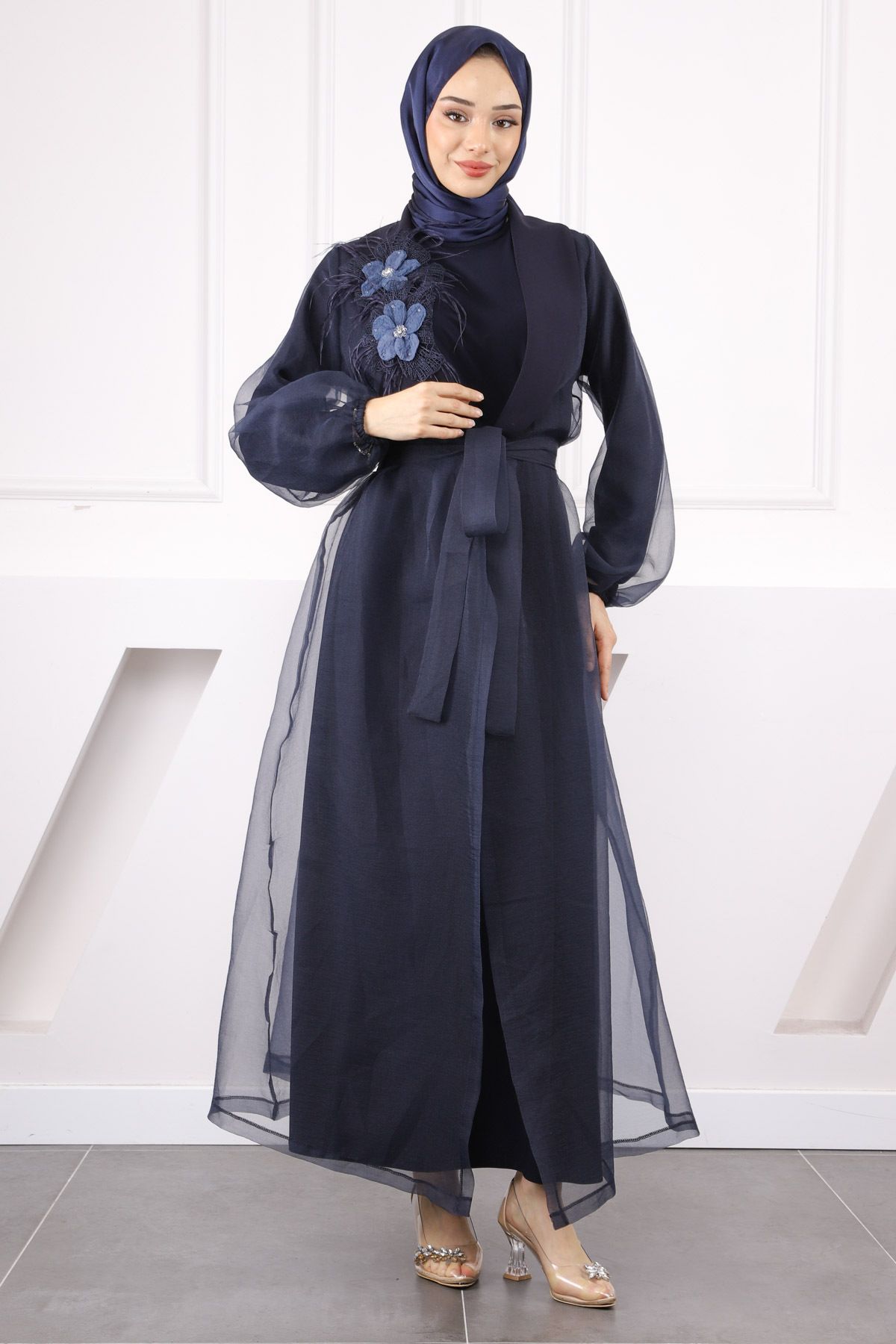İmajButik Lacivert Çiçek Detaylı Kuşaklı Abaya