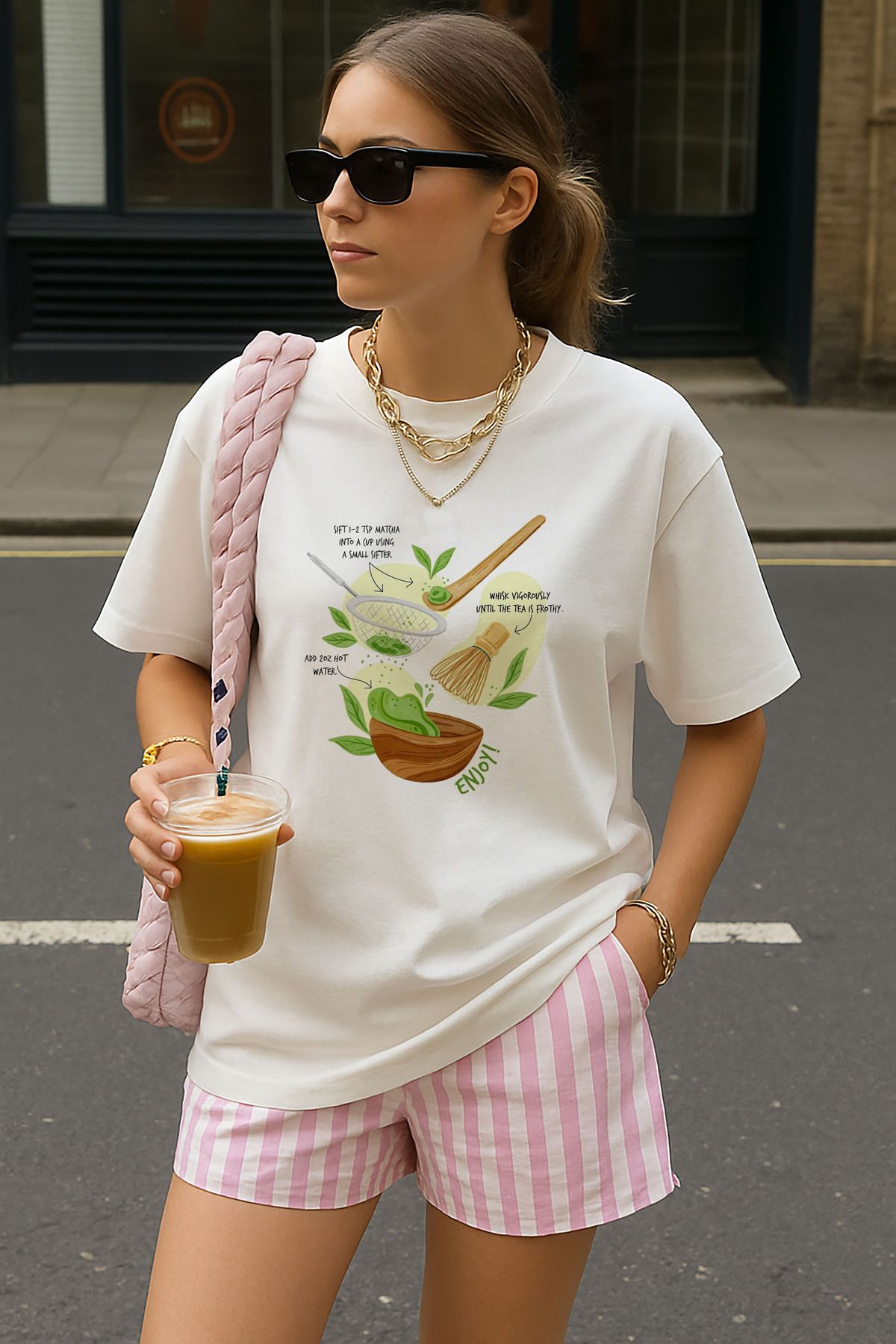 sielta Maça Matcha Çayı Baskılı Oversize Pamuklu Kadın Beyaz Tişört T-shirt