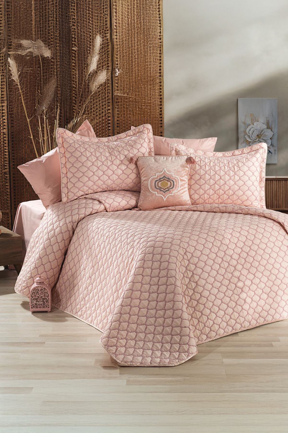 Bonny Home Melody Pudra İpek Dokuma Yumuşak ve Lüks Hissiyat Çift Kişilik Yatak Örtüsü