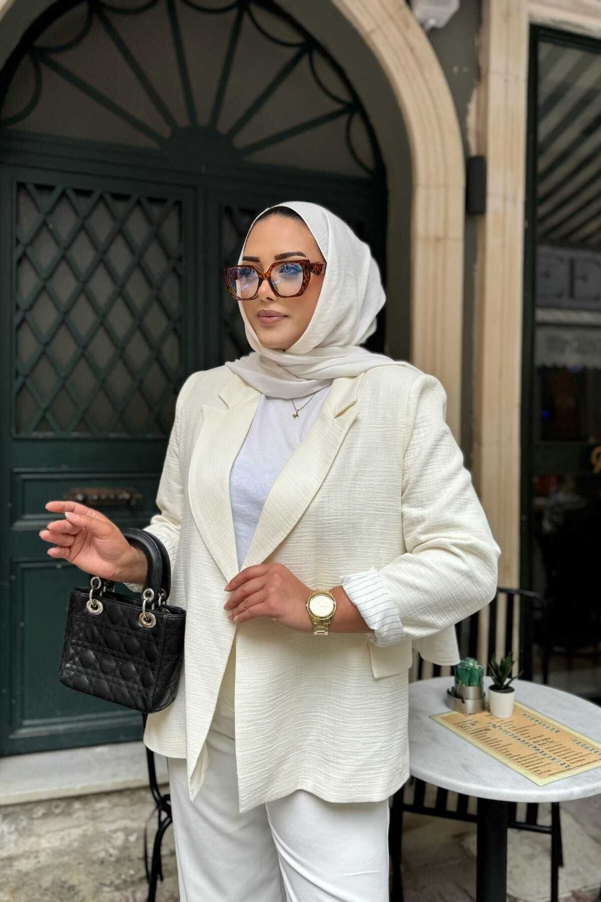 thesunfyre KADIN Katlama Kol Detaylı Cep Görünümlü Astarlı Oversize Mevsimlik KETEN Blazer Ceket