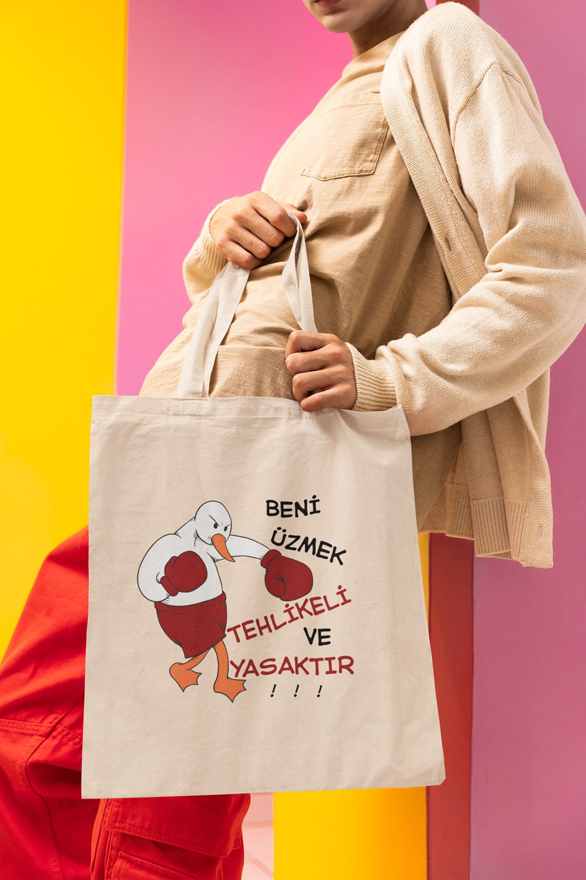 qoeuyl boutique Beni Üzmek Tehlikeli ve Yasaktır Baskılı Eğlenceli Hediyelik Bej %100 Pamuklu Ham Bez Bej Çanta