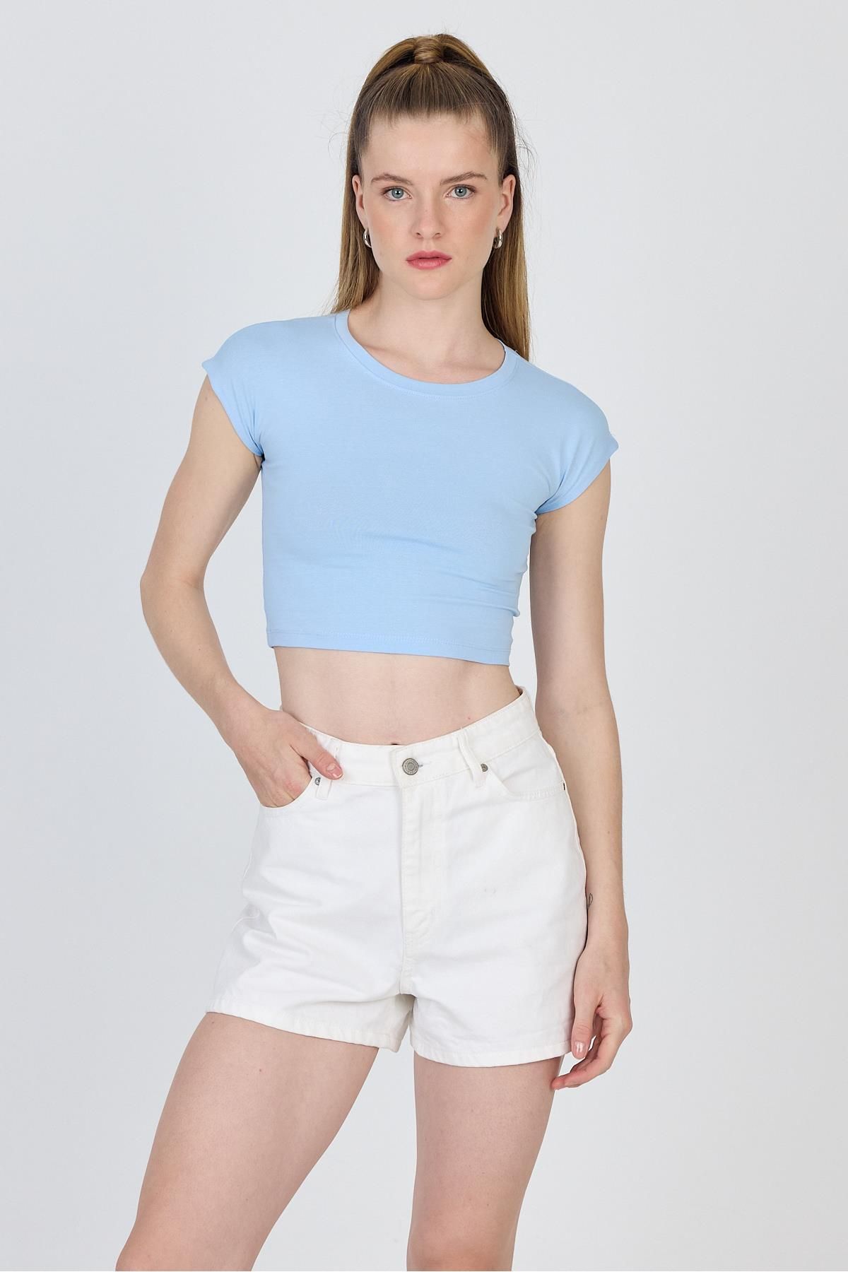 Rays Mavi Bisiklet Yaka Pamuklu Slim Fit Crop Tişört 9199M