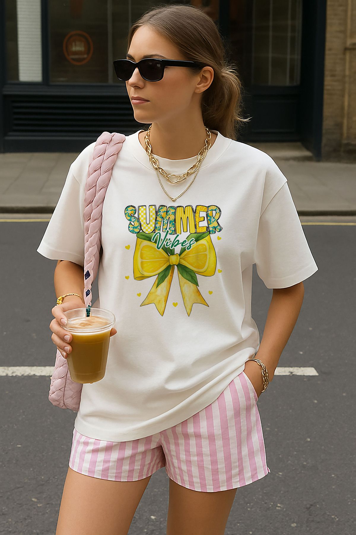 sielta Summer Vibes Baskılı Oversize Pamuklu Kadın Beyaz Tişört T-shirt