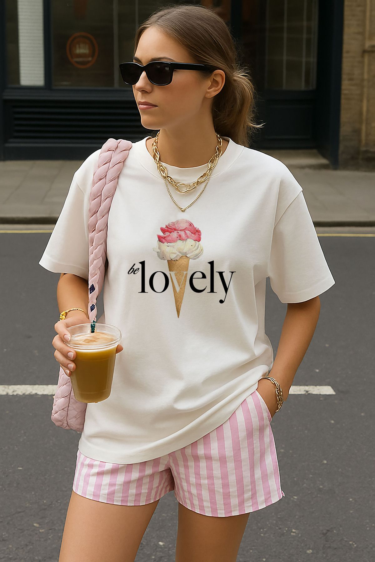 sielta Dondurma Lovely Baskılı Oversize Pamuklu Kadın Beyaz Tişört T-shirt