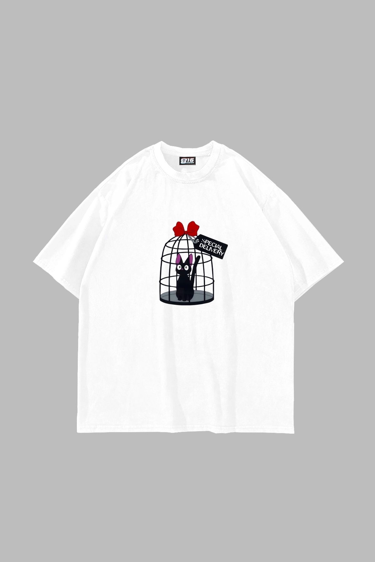 Sekizbiraltı Special Delivery Jiji Baskılı Oversize Unisex Beyaz Tshirt