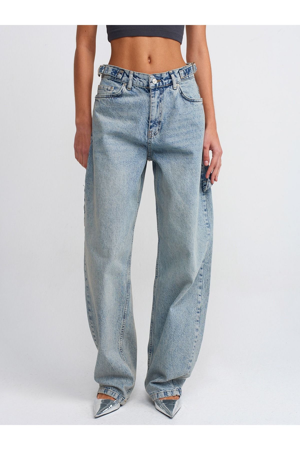 Enter Yanları Tokalı Kar Yıkama Baggy Denim Pantolon