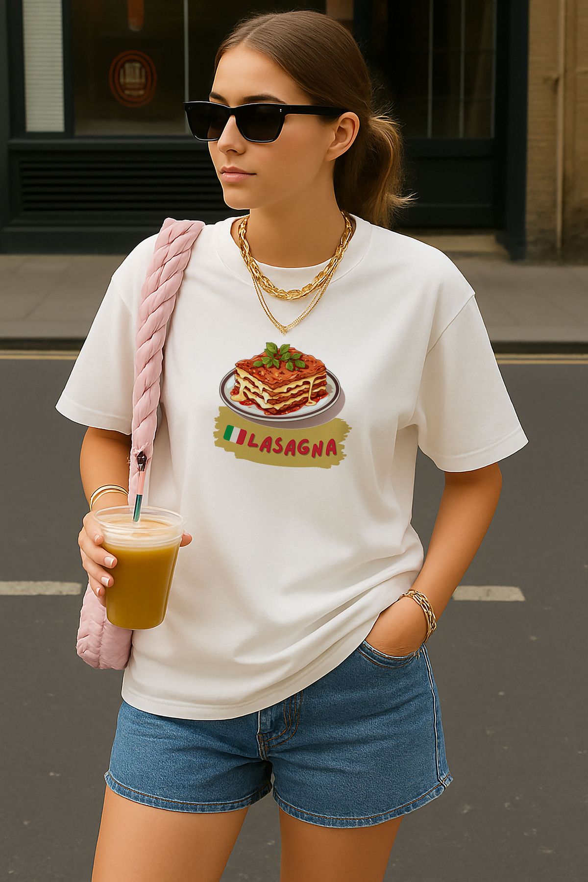 sielta Lasanga Lazanya Baskılı Oversize Pamuklu Kadın Beyaz Tişört T-shirt