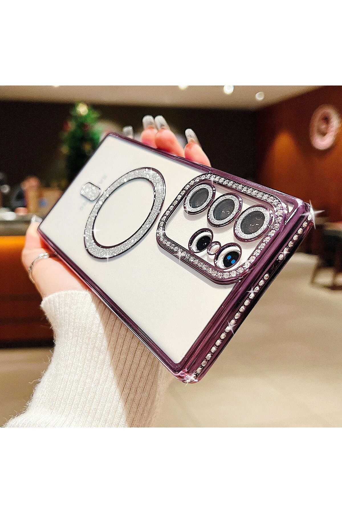 Posso Samsung Galaxy S23 Ultra Kılıf Simli Taşlı Detay Magsafe Kamera Lens Korumalı Işıltılı Silikon Case