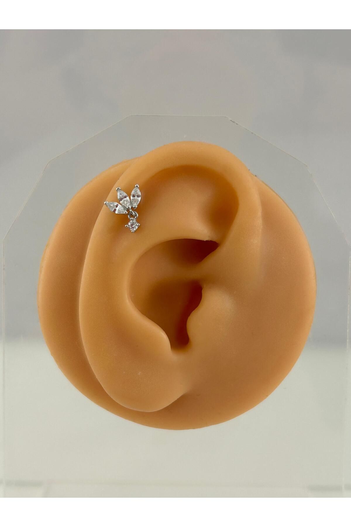 Siminkari 925 Ayar Gümüş Üzerine Rodyum Kaplama Lotus Taşlı Sallantılı Silver Piercing Tragus Helix