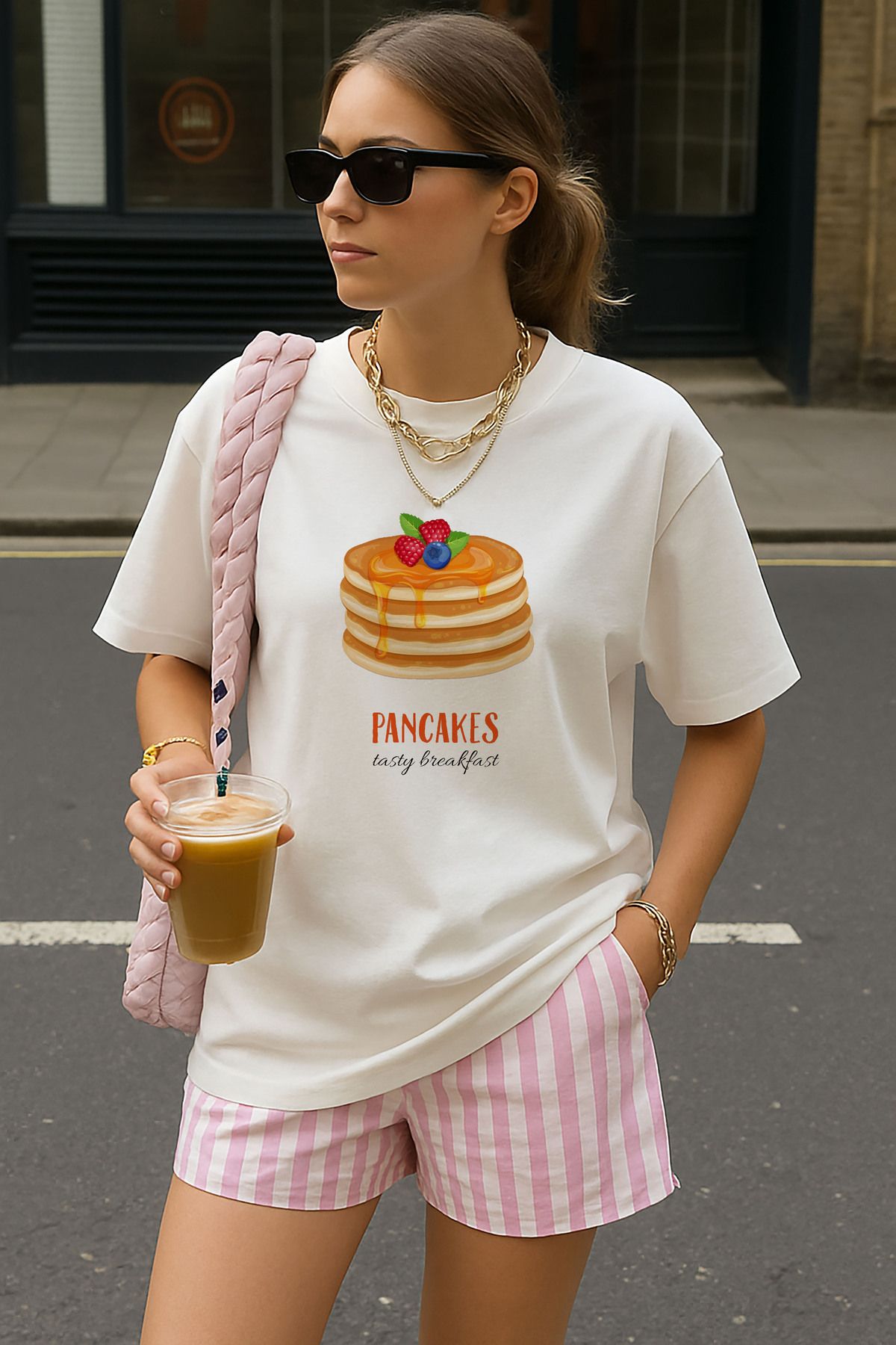 sielta Pankek Baskılı Oversize Pamuklu Kadın Beyaz Tişört T-shirt