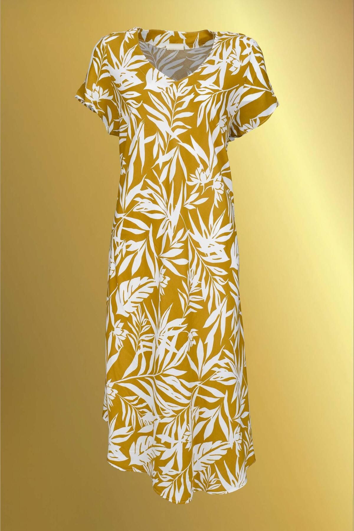 birizmoda KISA KOLLU BEYAZ YAPRAK DESENLİ HARDAL MİDİ ELBİSE