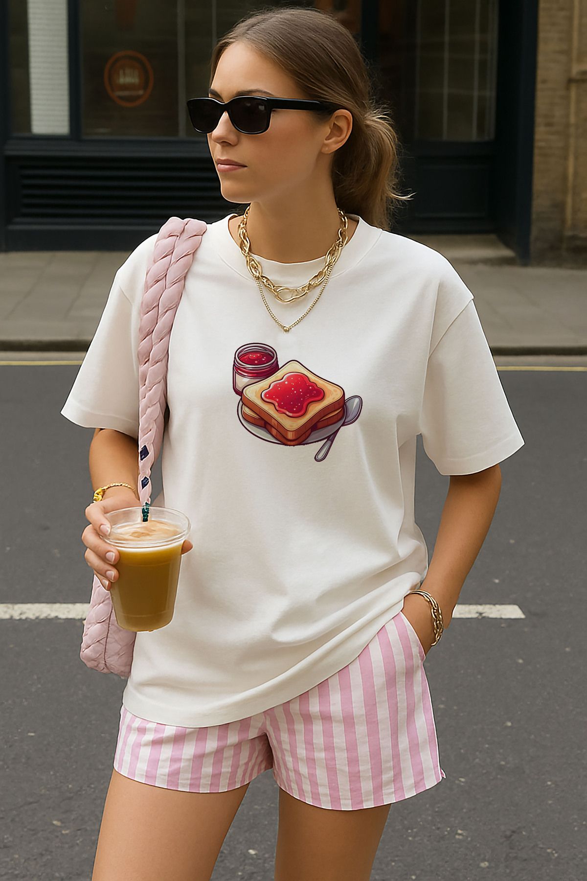 sielta Reçel Baskılı Oversize Pamuklu Kadın Beyaz Tişört T-shirt