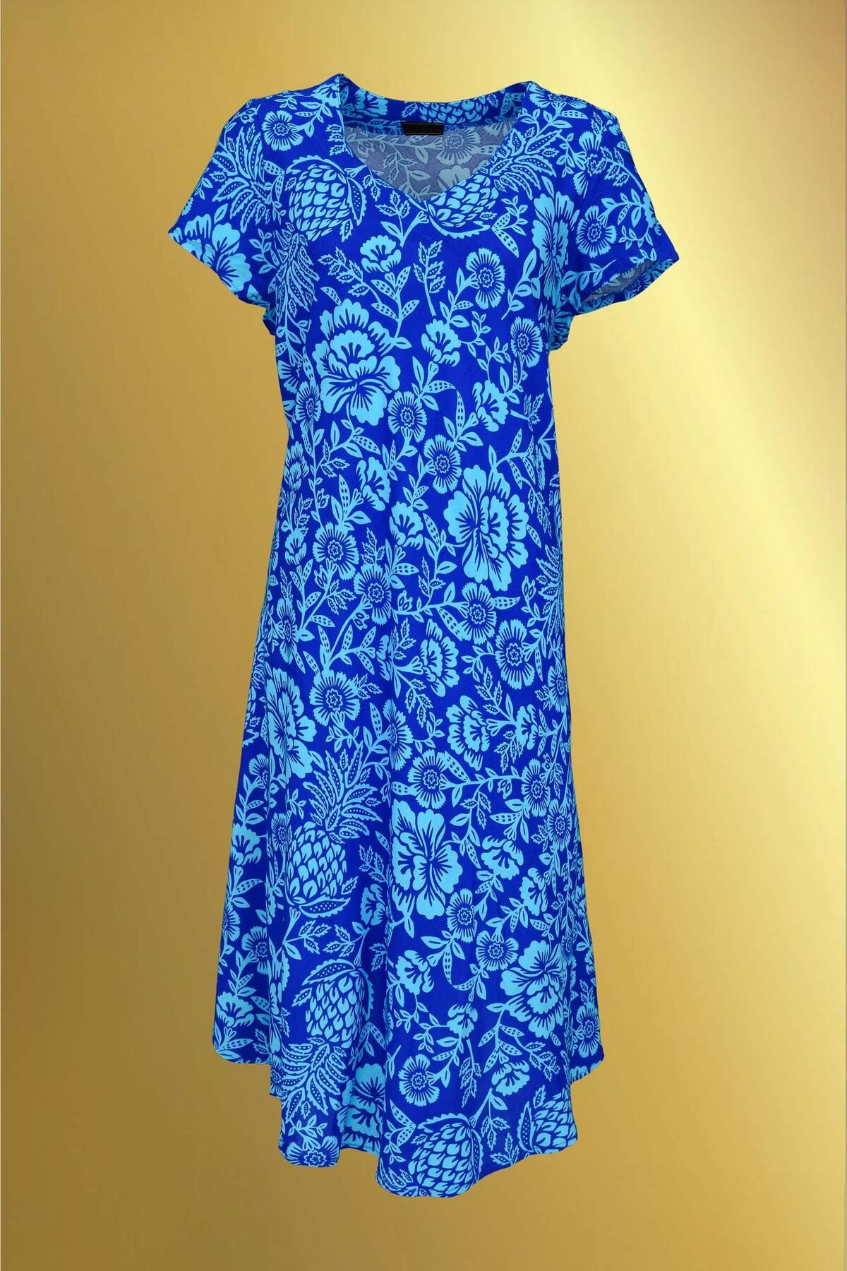 birizmoda KISA KOLLU TURKUAZ ÇİÇEKLİ LACİVERT MİDİ ELBİSE
