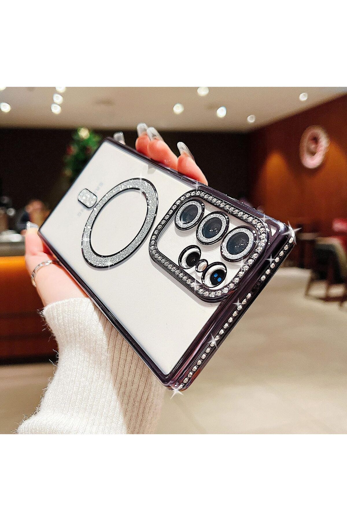 Posso Samsung Galaxy S23 Ultra Kılıf Simli Taşlı Detay Magsafe Kamera Lens Korumalı Işıltılı Silikon Case