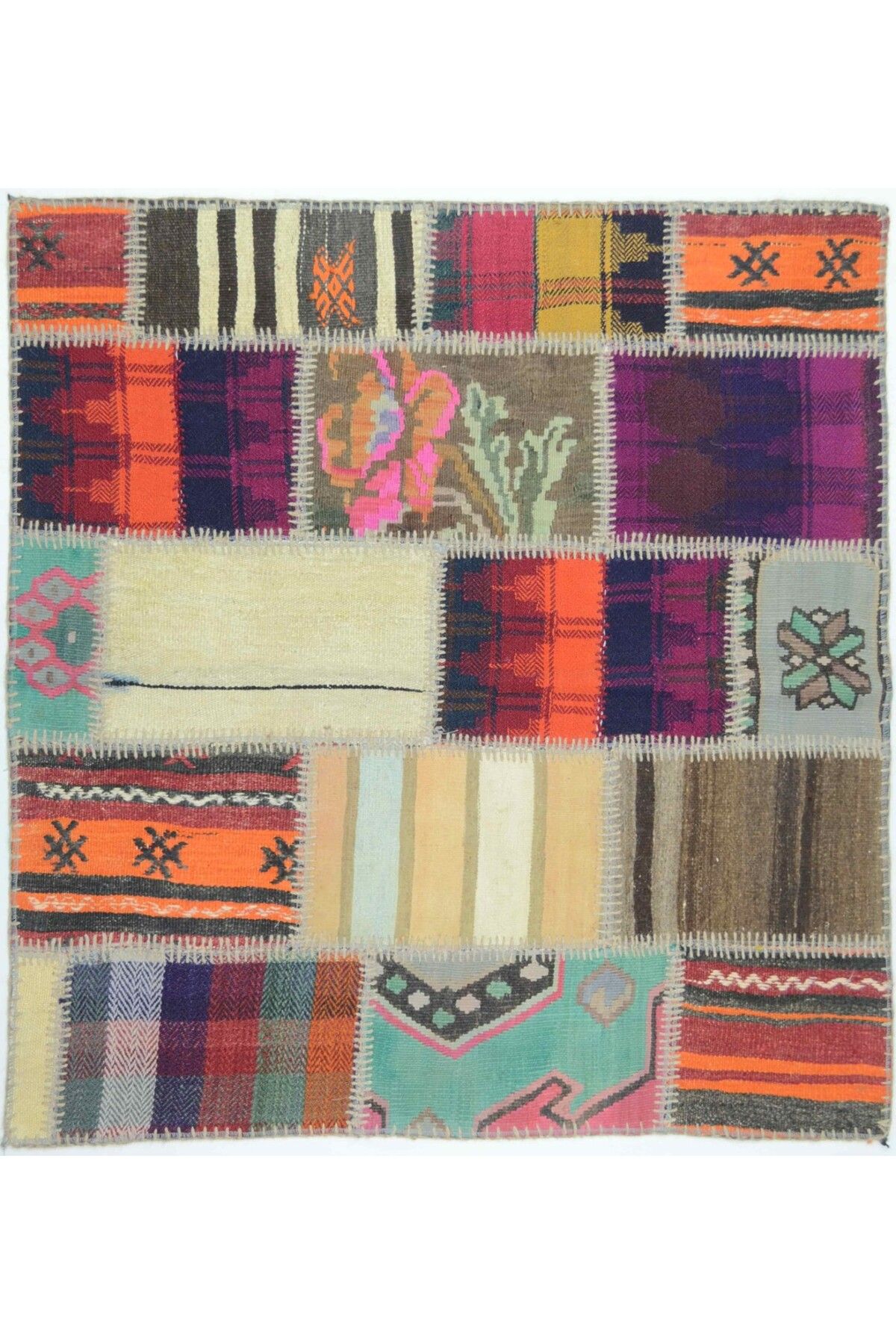 Handmade Patchwork El Dokuma Yün Kilim Karışık Renkli 102x103 cm (1.05 m²)