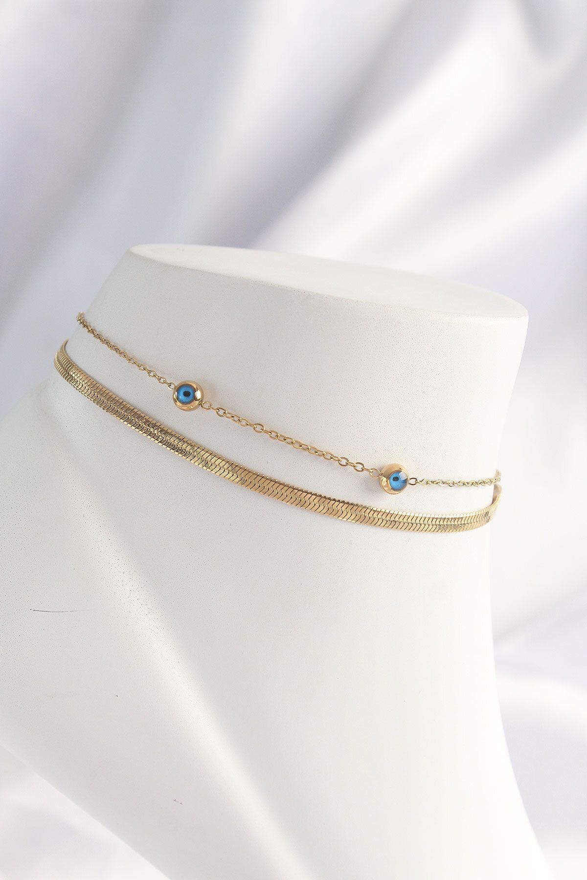 ÖYKÜ VE YİĞİT 316L Çelik Gold Renk Nazar Boncuk Tasarımlı 2li Halhal - TJ-HH1607