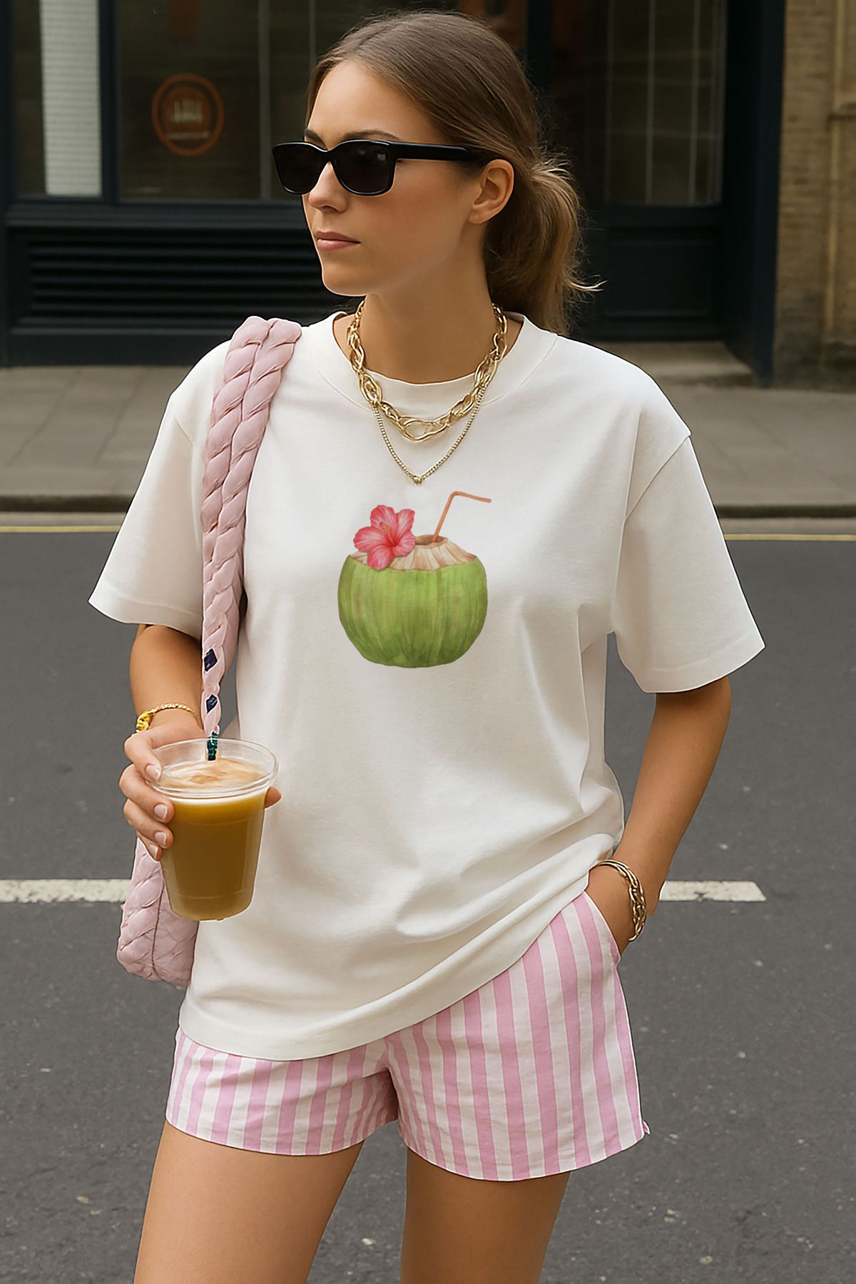 sielta Hindistan Cevizi Coconut Kokteyl Baskılı Oversize Pamuklu Kadın Tişört T-shirt
