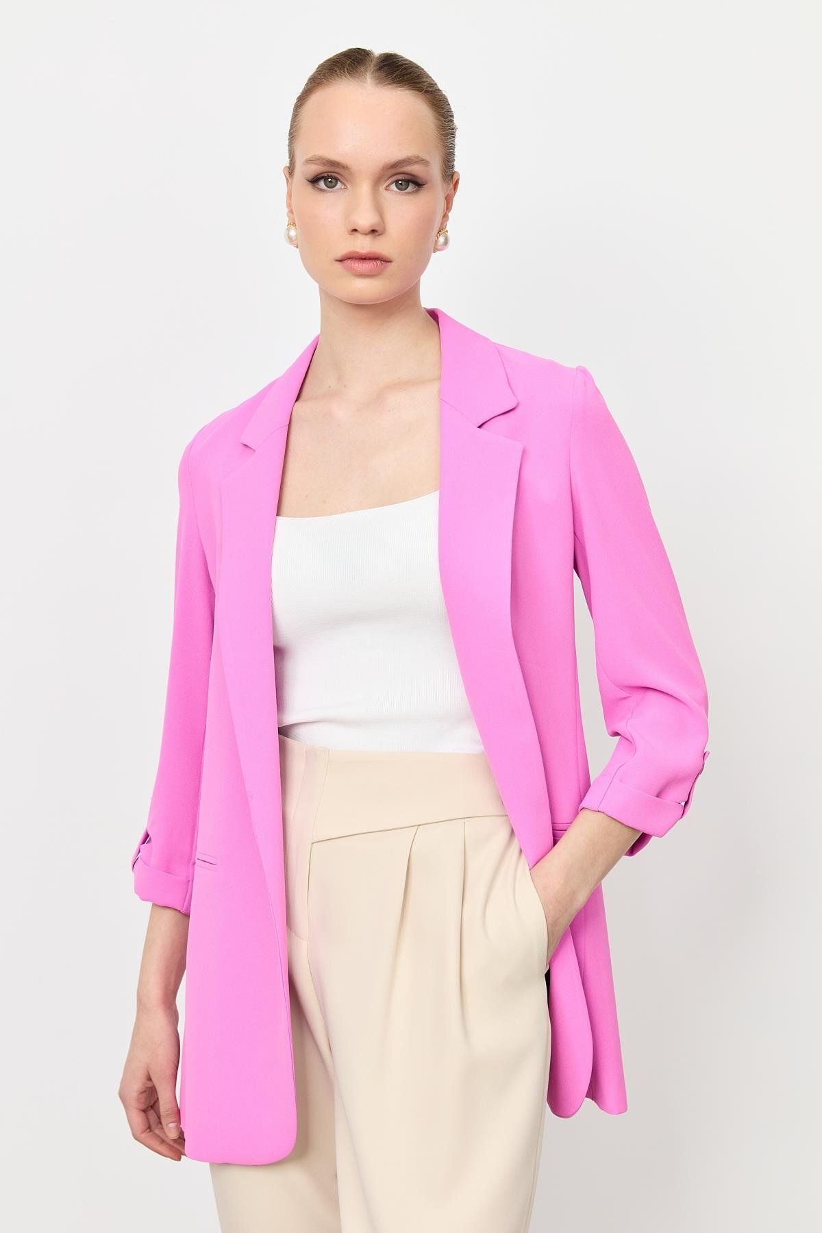 accort Kolu Düğme Detaylı Ceket-PEMBE