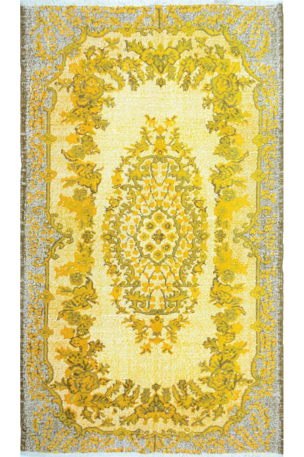 Handmade Yünden El Dokuma Sarı Renk Kabartmalı Vintage Isparta Halısı 116x203 cm (2,35 m²)