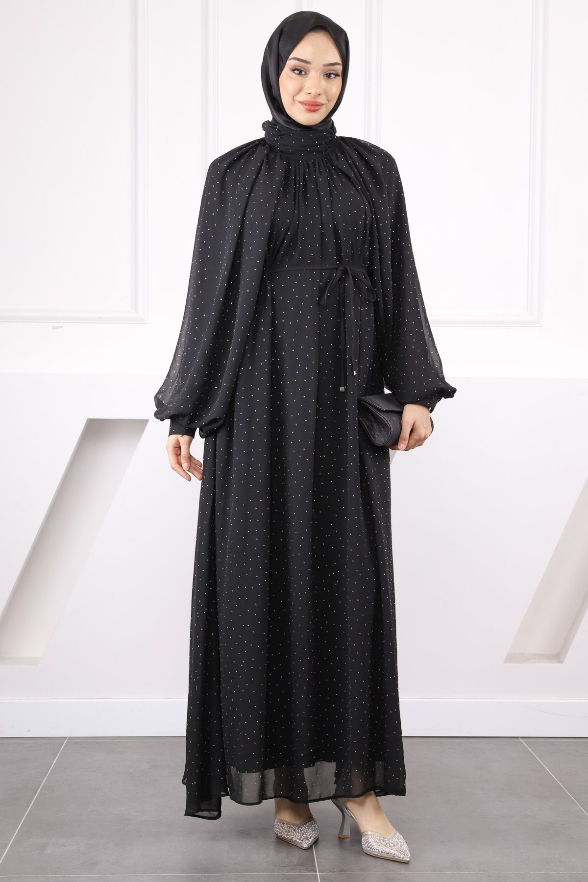 İmajButik Siyah Yaka Büzgülü Kuşaklı Şifon Abiye