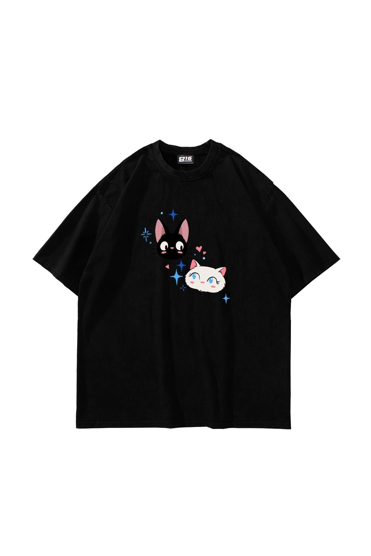 Sekizbiraltı Jiji And Lily Baskılı Oversize Unisex Siyah Tshirt
