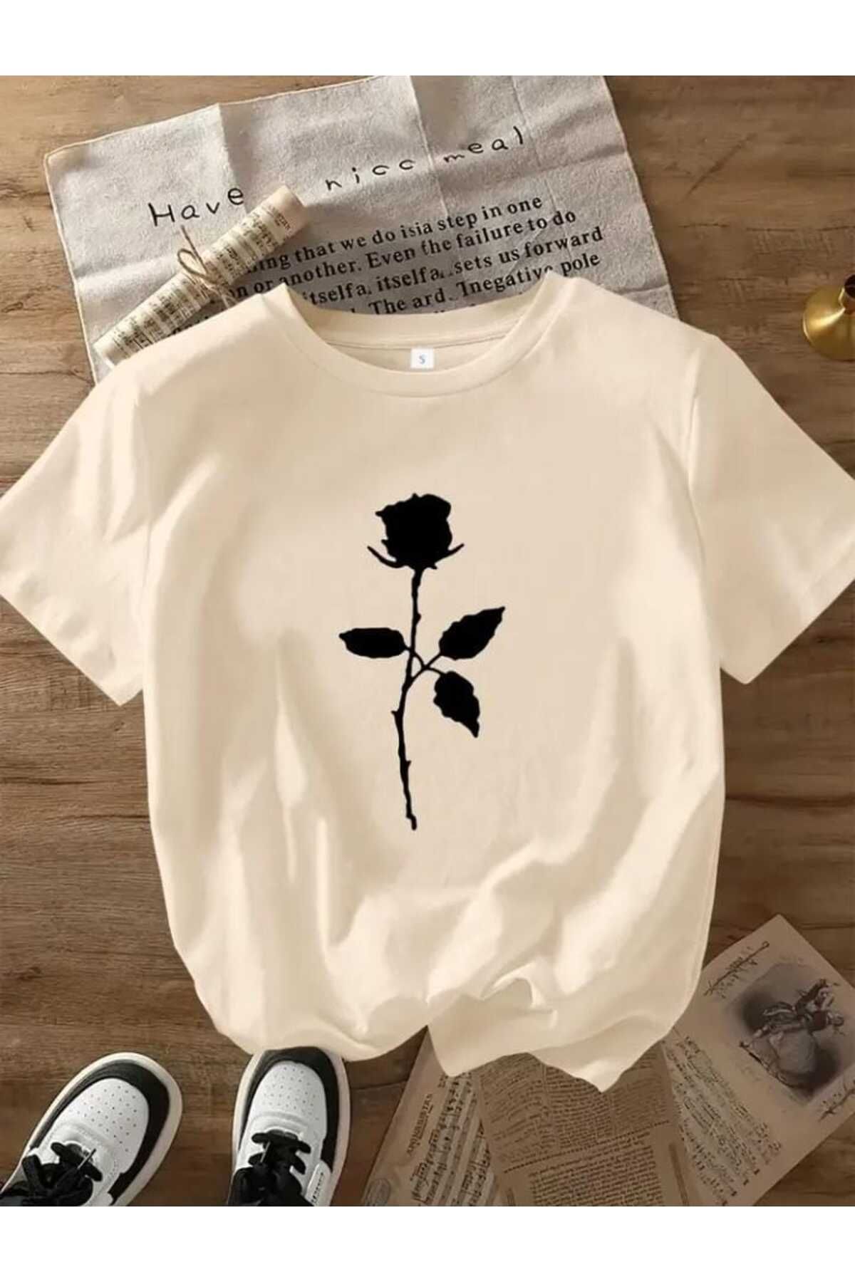 TekTarzz Unisex Gül Baskı Tasarımlı Trend Tshirt